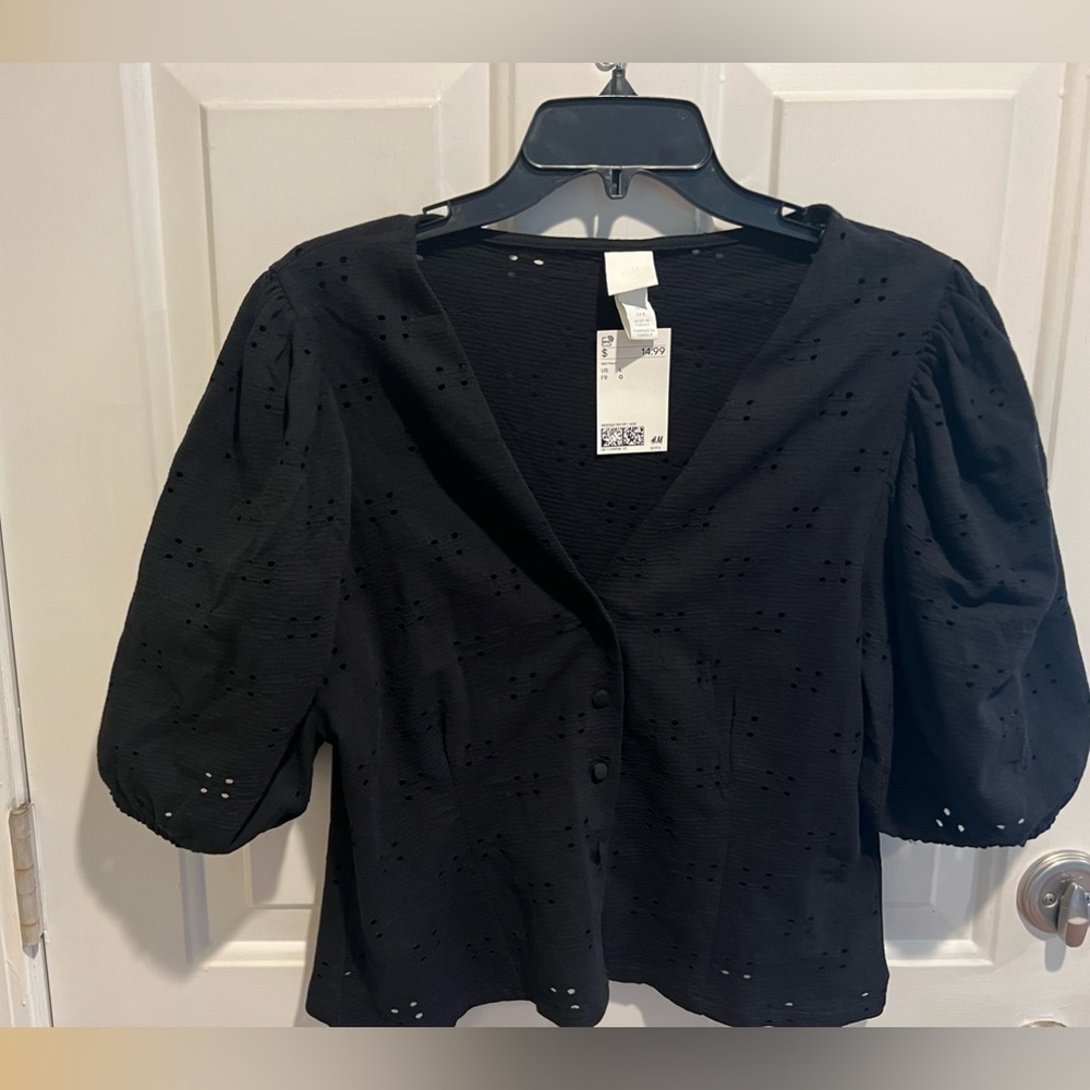 H&M Black Puff Sleeve Blouse with Notched Collar